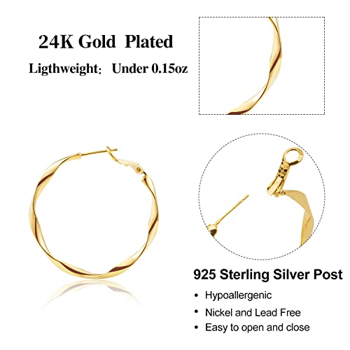 Image of 24K Gold Hoop Earrings for Women Trendy Real Gold Plated Twisted Thin Huggie Hoops, Dainty Cute Big Gold Filled Dangle Hoop Earrings Nickel Free Womens Earrings for Sensitive Ears Hypoallergenic