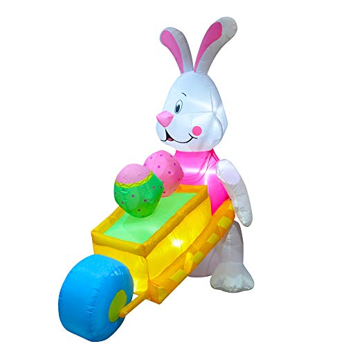 SEASONBLOW 6 FT LED Light Easter Inflatable Rabbit Pushing Wheelbarrow with Eggs Decorations for Yard Lawn Garden Home Outdoor Indoor Holiday Decor