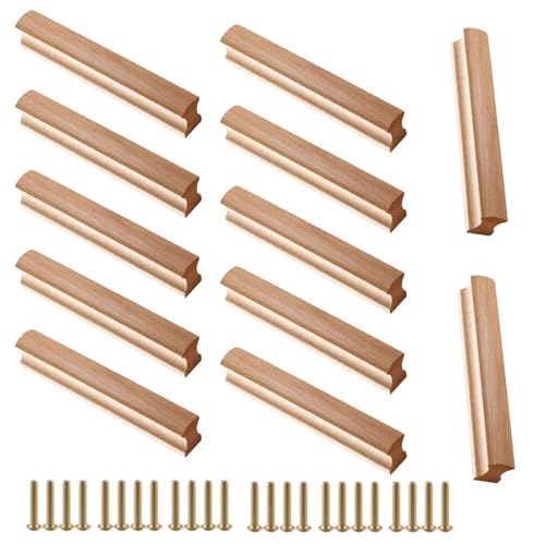 GANILITY Wooden Furniture Handles, Pack of 12 Solid Furniture Handles with 24 Pieces Screws, Hole Spacing 160 mm, Wardrobe Handle, Wood, for Bathrooms, Bedrooms