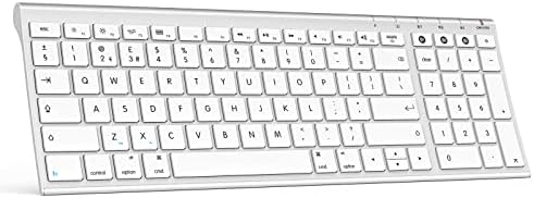 Bluetooth Wireless Keyboard for Mac OS, Multi-Device Rechargeable Slim Silent Keyboard UK Layout for Mac, iMac, MacBook Pro/Air, Mac Mini, iPad, iPhone, White Silver