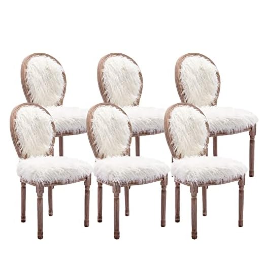 KCC Faux Fur French Dining Chairs Set of 6, Vintage Farmhouse Chair with Round Backrest, Mid Century Furry Vanity Chair with Solid rubberwood Leg for Dining Room Bedroom Kitchen Restaurant, White