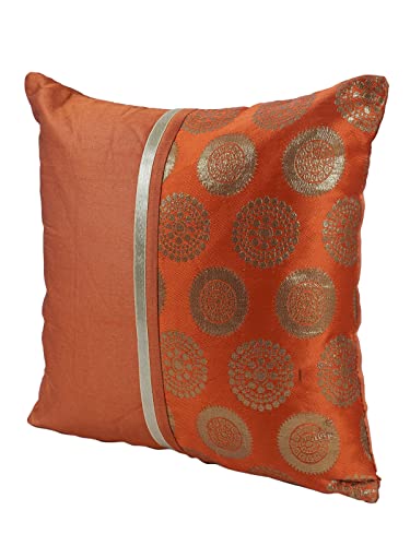 Image of ROMEE Unique Floral Polyester Orange & Gold Cushion /Pillow Covers for Sofa Pack of 5 (16 X16 Inches)