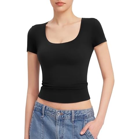 PUMIEY Short Sleeve T Shirts for Women Scoop Neck Top Basic Going Out Crop Tops Summer Slim Fit Tee Shirt Jet Black, Meduim Cover
