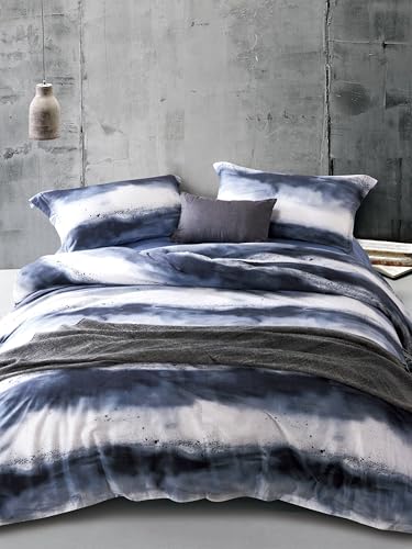 MILDLY 100% Long-Staple Cotton Duvet Cover Set Navy & White Striped Watercolor Pattern Printed Comforter Cover 3pcs, Ultra Soft & Breathable Bedding Set