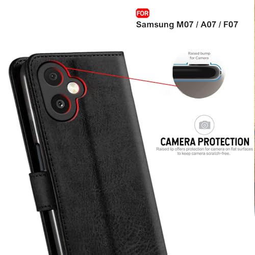 Image of TheGiftKart Flip Cover Back Case for Samsung Galaxy M07 / F07 | Genuine Leather Finish | Designer Button | Inbuilt Pockets & Stand | Wallet Style Flip Back Cover Case (Faux Leather, Black)