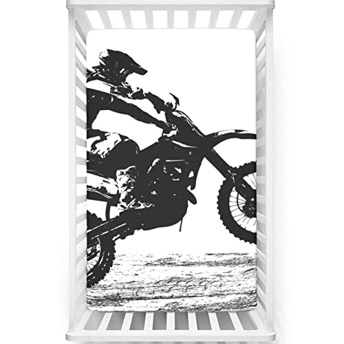 Image of Dirt Bike Themed Fitted Crib Sheet,Standard Crib Mattress Fitted Sheet Soft and Breathable Bed Sheets,White and Black-Baby Crib Sheets for Girl or Boy,28“ x52“