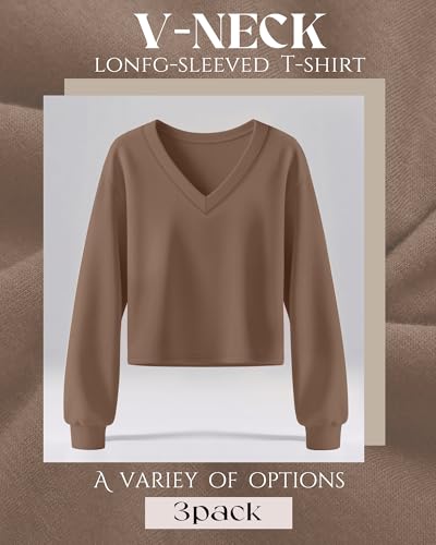Ficerd 3 Pack Women's Crop Long Sleeve Tops V Neck Loose Cropped T Shirts Drop Shoulder Casual Basic Fall Winter Boxy Tees2
