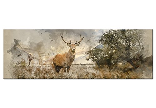 murando - Wandbilder Hirsch 120x40 cm 1 Teilig Wand Deko Leinwand Bilder Groß XXL Wanddeko Wohnzimmer Schlafzimmer Kunstdrucke Panoramabild - Landschaft Natur Tier Wald Wiese wie gemalt g-B-0042-b-a