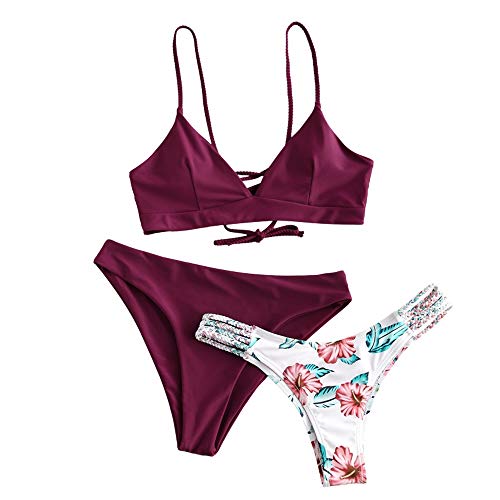 ZAFUL zweiteilig Bikini-Set mit Flechtgurt verstellbarem BH Push-Up Rücken, Triangle Bustle Badehose mit Blummenmuster (Pflaumentorte Rot, L (EU 40))