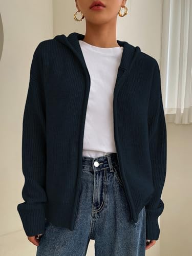 Image of SOLY HUX Zip Up Cardigan for Women Hooded Cardigan Sweater Knitted Drop Shoulder Fall Clothes Winter Hoodies Outerwear
