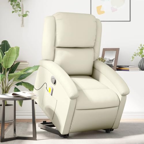 vidaXL Massagesessel, Verstellbar Sessel mit Aufstehhilfe, Fernsehsessel Relaxsessel mit Liegefunktion, Liegesessel Aufstehsessel Polstersessel, Creme Kunstleder – Bild 3