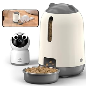 Smart Automatic Cat feeders(2.4G WiFi) and External Camera(2.4/5G WiFi), WiFi Pet Feeder with APP, 1080P HD Video with Enhanced IR Night Vision,Two-Way Voice Call Camera(Gray)