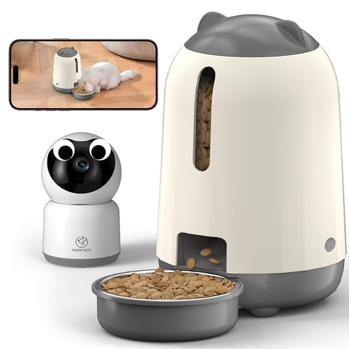 Smart Automatic Cat feeders(2.4G WiFi) and External Camera(2.4/5G WiFi), WiFi Pet Feeder with APP, 1080P HD Video with Enhanced IR Night Vision,Two-Way Voice Call Camera(Gray)