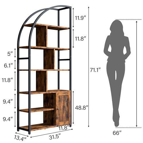 Image of Jehiatek 71 inch Arc Gold Bookshelf with Storage Cabinet, Tall 6 Tiers Industrial Bookcase with Sturdy Metal Frame, Geometric Book Shelf for Lving Room, Home Office, Black and Brown