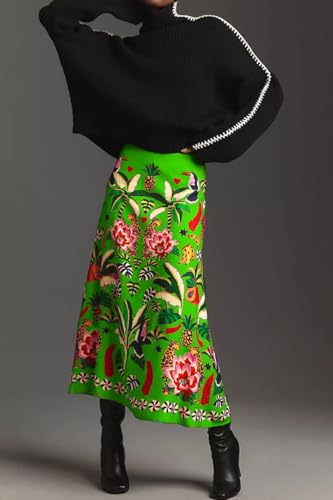 Women's Tropical Plant Print Midi Skirts Floral Zipper A-Line Spring Summer Casual Boho Beach Travel Skirts4