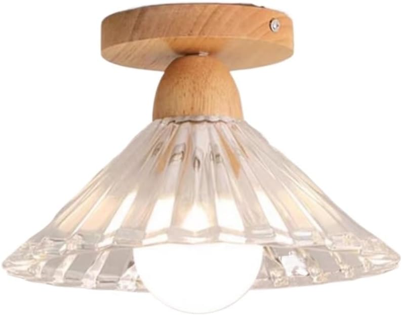 Modern Wood Semi Flush Mount Ceiling Light, Natural Farmhouse Ceiling Fixture with Pleated Glass Shade, Nordic Ribbed Glass Ceiling Lamp for Hallway Bedroom Kitchen