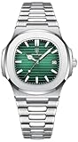 MASTOP Relojes de lujo para hombre, analógico, de cuarzo, acero inoxidable, luminoso, militar, cuadrado, resistente al agua, para negocios, diseño clásico, reloj de pulsera con fecha, Verde