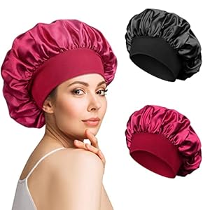 2 Piezas Gorro Saten Pelo Rizado Ajustable Gorro Pelo Rizado Dormir Gorros de Satén para Pelo Rizado con Banda Ancha Elástica para Mujeres y Niñas