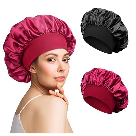 2 Piezas Gorro de Satén para Dormir Ajustable Gorro de Satén de Noche Pelo Rizado Gorro para Dormir con Banda Ancha Elástica para Mujeres y Niñas (Negro, Rojo)