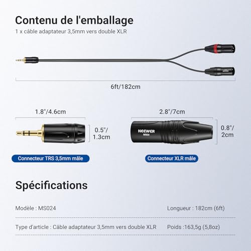 Câble 3.5mm vers double XLR pour une transmission audio stéréo sans interférence