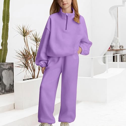 Girls Half Zipper Sweatshirts Set Plain Fleece 2 Piece Baggy Sweatpants Pullover Tops Sweatsuits (Purple, 8-9 Years)3