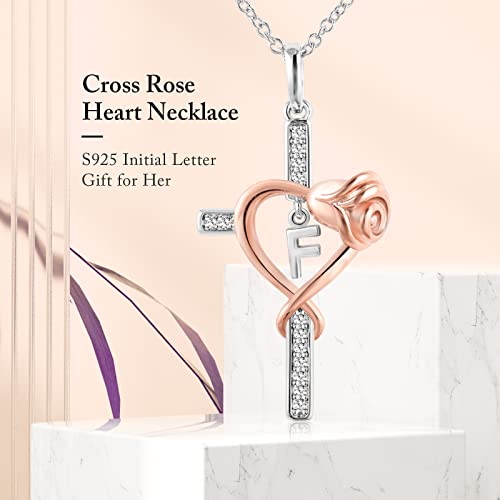 Snzm Sterling Silver Cross Necklace For Women-Rose Heart Pendant Necklace With Cubic Zirconia Charm Birthday Anniversary Christmas Jewelry Gifts For Mom Wife Her (F) #TOP3