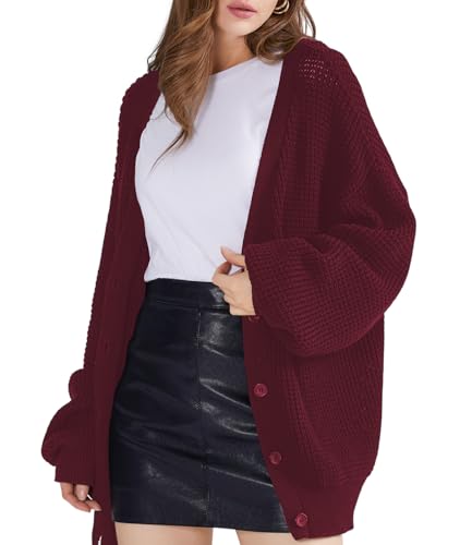 Image of QUALFORT Women's Oversized 100% Cotton Cardigan Sweater | Long Sleeve V Neck Button Down Open Front Knit Outerwear