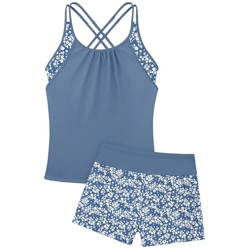 Girls Tankini Swimsuit Two Piece Cross Straps Back Bathing Suits with Pockets Shorts Kids Swimwear Sets 5-16 Years Blue Floral 9-10 Years