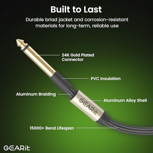 GEARit Guitar Instrument Cable (3ft 2-Pack) 1/4 Inch to 1/4 inch TS Straight Male to Male 6.35mm Mono Jack with Alloy Connector and Nylon Braid