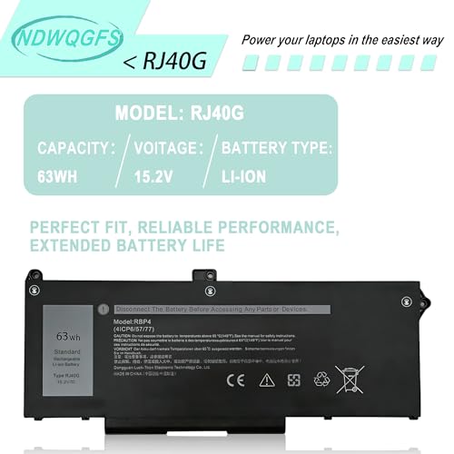 Image of RJ40G 63Wh Laptop Battery Replacement for Dell Latitude 15 5520 Latitude 14 5420 Precision 15 3560 for WY9DX P137G P104F 1K2CF 075X16 0WK3F1 P104F001 P104F002 075X16 1K2CF 0M3KCN 005R42 M033W