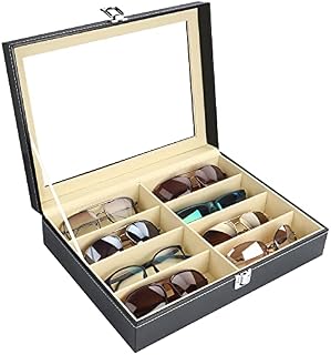 Kurtzy Faux Leather Sunglasses Organiser Box - 8 Slots for Glasses - Lockable Black Display/Storage Collection Case for Sunglasses, Eyeglasses, Eyewear, or Jewellery/Watches for Men and Women