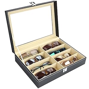 Kurtzy Faux Lederen Zonnebrillen Organizer Doos – 8 Sleuven voor Brillen – Afsluitbare Zwarte Display Opslag Collectie…