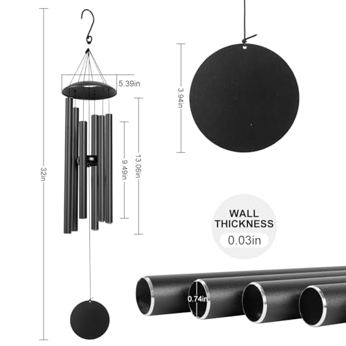 Wind Chimes for Outside, 32-Inch Simple Metal Wind Chimes Deep Tone, with 6 Thick Aluminum Tubes 0.03 in Wall Thickess – Ideal Gift for Mom or Grandma, Perfect for Backyard Decoration (Black) - Image 3