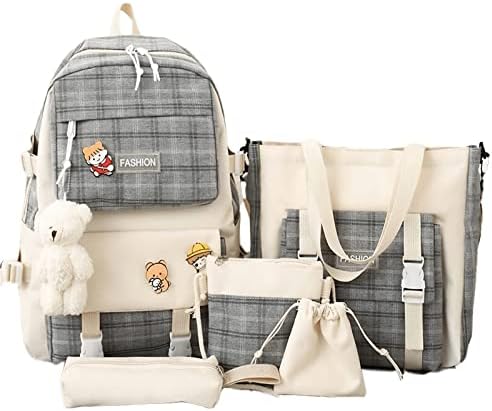 CILREA Kawaii Backpack set 5 Pcs School Backpack Cute Aesthetic Backpack Set Aesthetic School Bags Cute Bookbag with Badge& Plush Pendan,Shoulder Bag,Pencil Box,Tote Bag,Small Bag