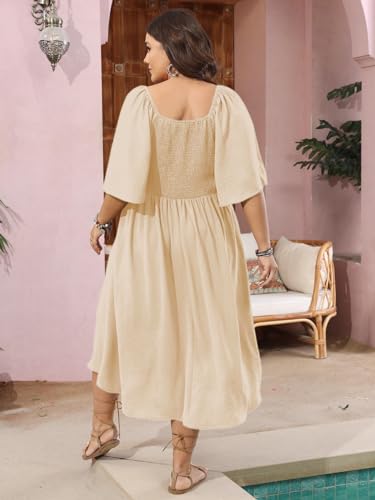 Image of SCOMCHIC Plus Size Summer Dress Casual Short Sleeve Bow Tie Deep V Neck Smocked Button Down Midi Flowy A-line Boho Dresses