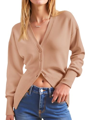 Saodimallsu Womens V Neck Cardigan Sweaters Fitted Button Up Front Slit Casual Dressy Fall Sweater Jackets