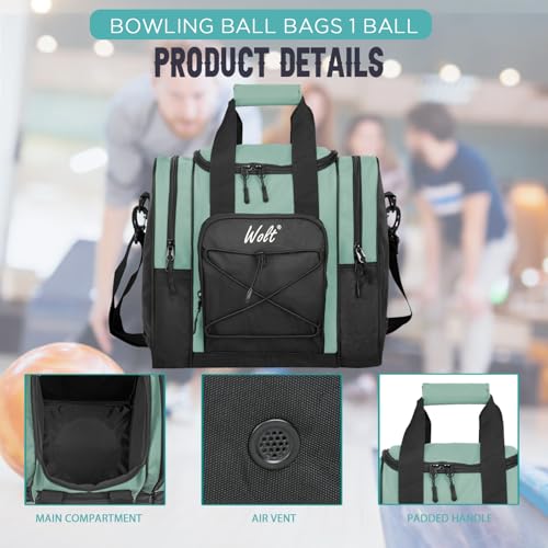 WOLT Bowling Ball Bag for Single Ball -Bowling Bag with Padded Holder, 2 Pockets Fit Shoes Up to Mens Size 14 and Accessories