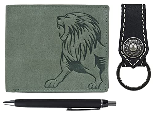 Leo Leather Wallet Combo for Men, Vintage Green + Pen + Keychain, Two Fold Wallet
