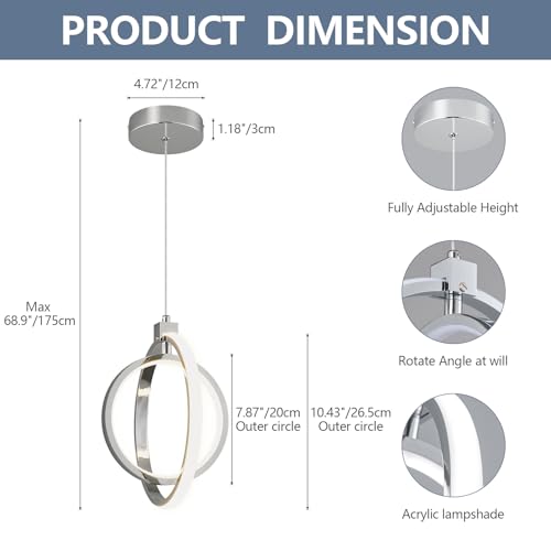Image of Modern LED Chandelier Chrome Ring Pendant Light Fixtures 4000K Dimmable Height Adjustable Pendant Lighting for Dining Room Kitchen Island Bedroom Living Room Foyer(2-Pack)