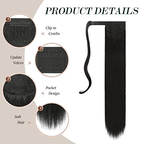 Feshfen Straight Long Ponytail Extensions 28 Inch Wrap Around Synthetic Natural Black Ponytails Hair Piece Pony Tail Hair Extensions Hairpieces For Women Girls thumb #2