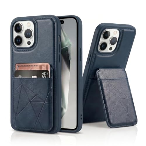 Image of amazon basics Premium Vegan Leather Back Cover with Card Holder and Integrated Mobile Stand for iPhone 14 Pro - Slim Shockproof Wallet Case with Geometric Stitching [Blue]