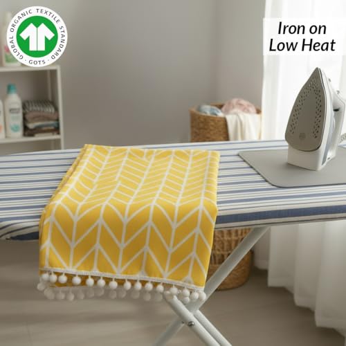 Image of HOMEMONDE Cotton Premium Dining Round Table Cover with White Border Pom-Pom, 45 x 45 Inches Yellow Arrow Printed Table Cloth 4 Seater, Round Table Cover - (114x114 CM, Yellow Arrow)