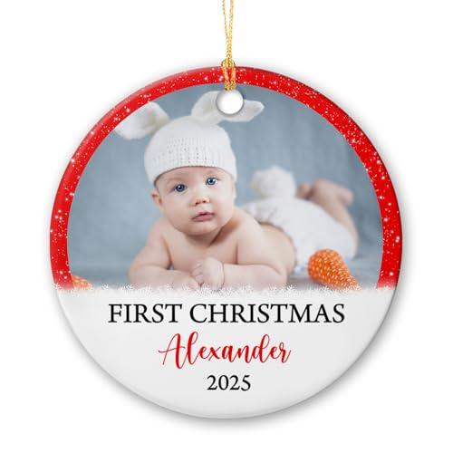 New Baby Christmas Ceramic Ornament, Personalized Photo Baby First Christmas Ornaments 2025, Babies 1st Xmas Ceramic Keepsake Gifts for New Dad Mom Newborn, Custom Baby's Name Ornament Christmas Tree