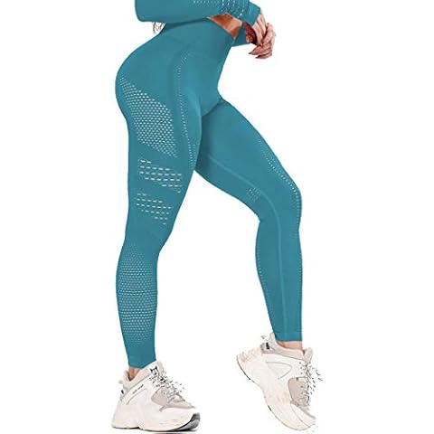 Women's Seamless High Waisted Gym Leggings Unique Design Power Stretch Yoga Pants Running Workout Leggings, B-chic Blue, M Cover