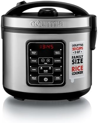 Gourmia Rice Cooker – 5 Qt Capacity, 20 Cup Cooked, 10 Cup Uncooked, Digital Controls, 6 Cooking Presets, Grain Cooker & Steamer, Nonstick Pot, Steam Tray, Delay Timer, Keep Warm, Stainless Steel