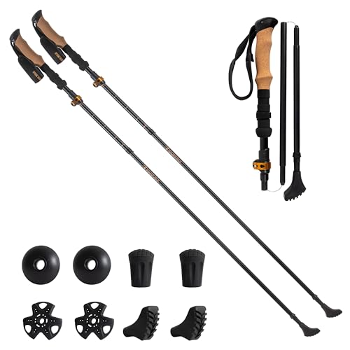Walker Wild Lot de 2 bâtons de randonnée Pliables 115-135 cm, Aluminium 7075, poignée Longue EVA liège, Pointes carbure, Embouts et Sac Inclus