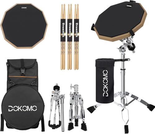 Drum Practice Pad with Snare Drum Stand Set, 12-Inch Double Sided Silent Practice Pad Kit with Drum Sticks, Drumstick Holder, Luminous Carrying Bag, Grey (Fits 8''-15'' Drums), Black