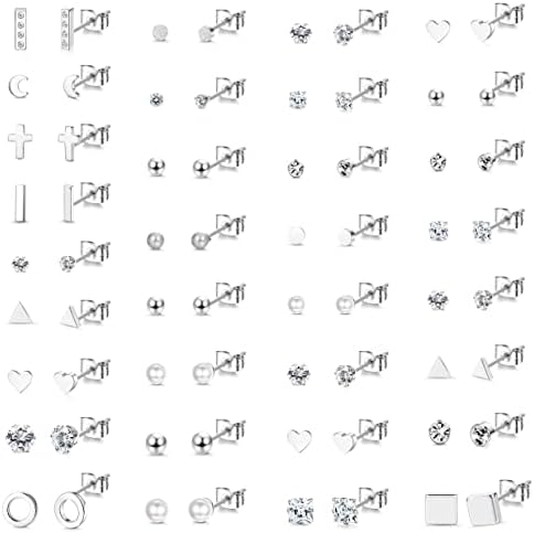 Dochais 33 Pairs Studs Small Cartilage Earrings Hypoallergenic Tiny Ball Ear Studs Piercing SetDiamond Moon Star Heart Pearl Triangle Circle Earrings for Women Men Girls