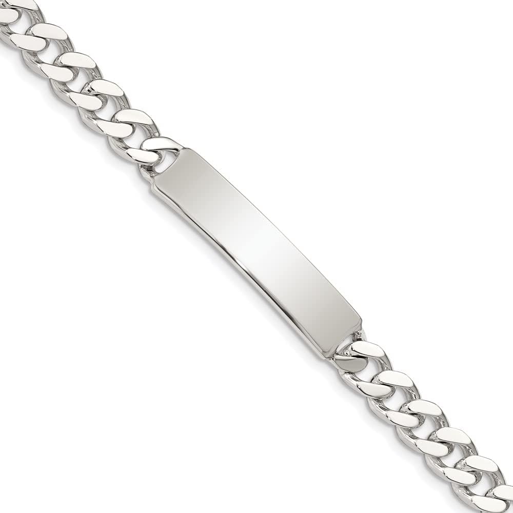 Polished Engravable Personalized Custom 925 Sterling Silver Polished Curb Link ID Bracelet For Men or Women Length 8 inches Width 8 mm With Lobster Claw Clasp