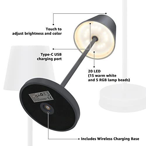 LED Akku Tischlampe,Touch Dimmbare RGB Metall led kabellos tischleuchte mit Kabelloses Laden, IP54 wasserdicht wasserdicht LED Tischleuchte für Restaurants Garten Bars (A-Grau) - Image 7